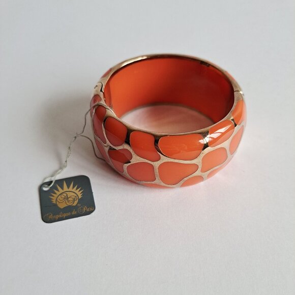 New Angelique De Paris 925 Gold Platted Coral Leopard Print Wide Bracelet - Picture 1 of 16